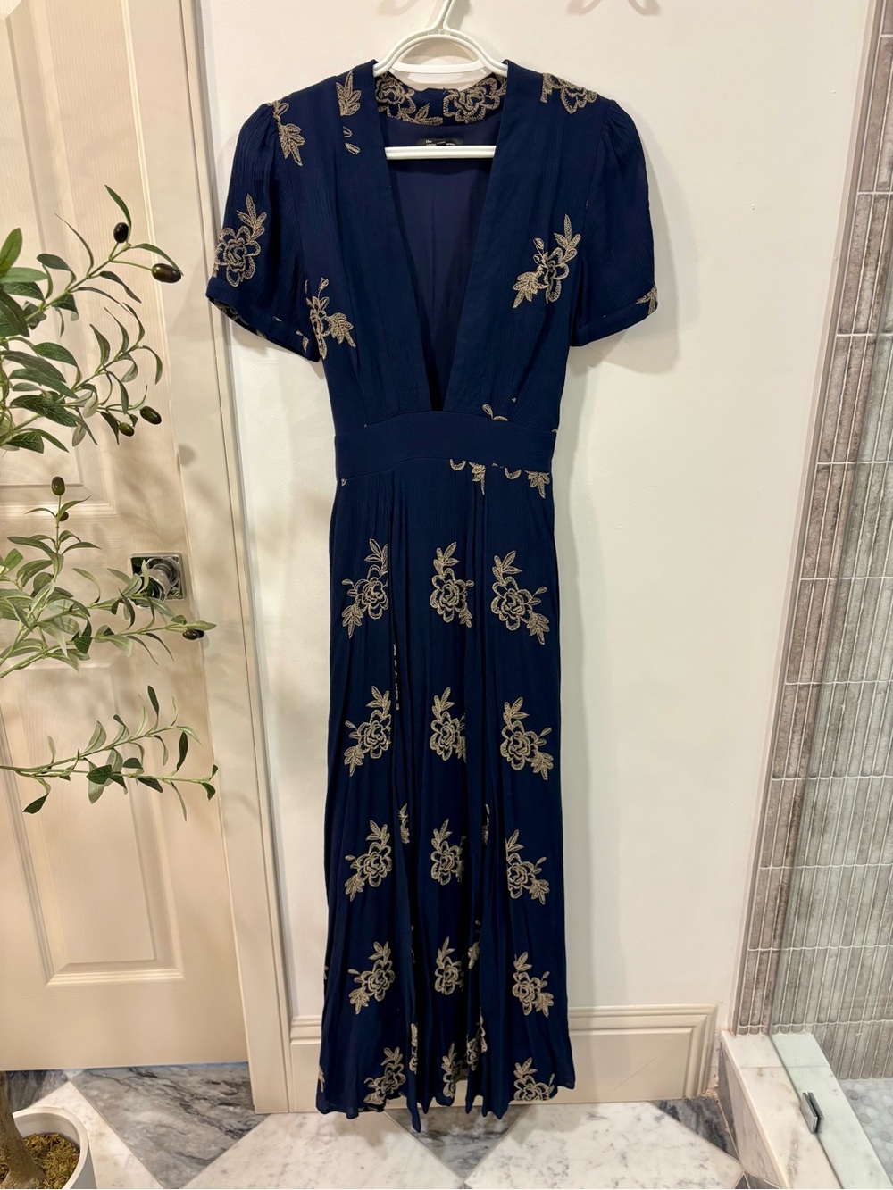 Elegant Navy Floral Embroidered Maxi Dress